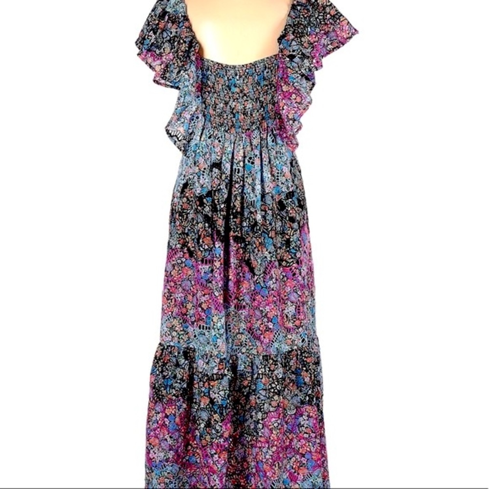 Anthropologie Blue Black Pink Floral Embroidery Ruffle Eyelet Lined Maxi Dress - Picture 5 of 16